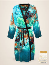 Load image into Gallery viewer, Ocean Muse silk peignoir, ombré cuff and hem style with black trim, front view
