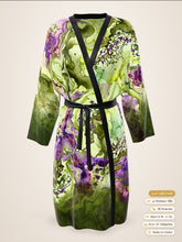 Load image into Gallery viewer, Sunken Atlantis silk peignoir, ombré cuff and hem style with black trim, front view