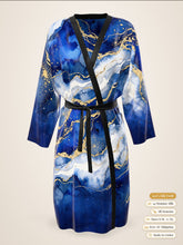 Load image into Gallery viewer, Royal Lapis silk peignoir, ombré cuff and hem style with black trim, front view