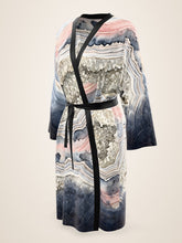 Load image into Gallery viewer, Geode Gate silk peignoir, ombré cuff and hem style with black trim, three-quarter front view