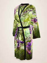 Load image into Gallery viewer, Sunken Atlantis silk peignoir, ombré cuff and hem style with black trim, three-quarter front view