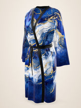Load image into Gallery viewer, Royal Lapis silk peignoir, ombré cuff and hem style with black trim, three-quarter front view