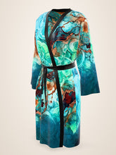 Load image into Gallery viewer, Ocean Muse silk peignoir, ombré cuff and hem style with black trim, three-quarter front view