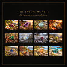 Load image into Gallery viewer, All twelve birthstone month images of the 2027 calendar, January Garnet to December Turquoise
