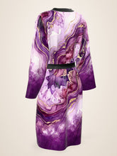 Load image into Gallery viewer, Purple Heartstone silk peignoir, ombré cuff and hem style with black trim, three-quarter back view