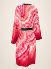 Load image into Gallery viewer, Blush Hollow silk peignoir, ombré cuff and hem style with black trim, three-quarter back view
