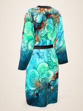 Load image into Gallery viewer, Ocean Muse silk peignoir, ombré cuff and hem style with black trim, three-quarter back view