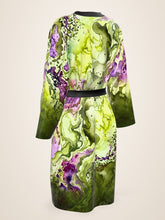 Load image into Gallery viewer, Sunken Atlantis silk peignoir, ombré cuff and hem style with black trim, three-quarter back view