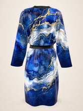 Load image into Gallery viewer, Royal Lapis silk peignoir, ombré cuff and hem style with black trim, back view with no outside logo
