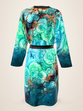 Load image into Gallery viewer, Ocean Muse silk peignoir, ombré cuff and hem style with black trim, back view with no outside logo