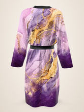 Load image into Gallery viewer, Lilac Sanctum silk peignoir, ombré cuff and hem style with black trim, back view with no outside logo