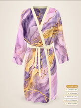 Load image into Gallery viewer, Lilac Sanctum silk peignoir, classic style with ivory trim, front view