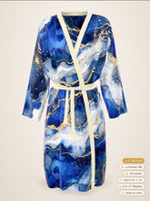 Load image into Gallery viewer, Royal Lapis silk peignoir, classic style with ivory trim, front view