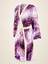 Load image into Gallery viewer, Purple Heartstone silk peignoir, classic style with ivory trim, three-quarter front view