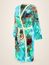 Load image into Gallery viewer, Ocean Muse silk peignoir, classic style with ivory trim, three-quarter front view
