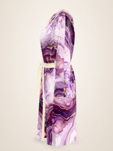 Load image into Gallery viewer, Purple Heartstone silk peignoir, classic style with ivory trim, side view