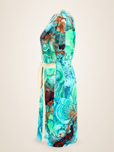 Load image into Gallery viewer, Ocean Muse silk peignoir, classic style with ivory trim, side view