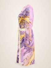 Load image into Gallery viewer, Lilac Sanctum silk peignoir, classic style with ivory trim, side view