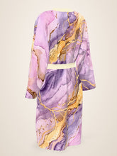 Load image into Gallery viewer, Lilac Sanctum silk peignoir, classic style with ivory trim, three-quarter back view