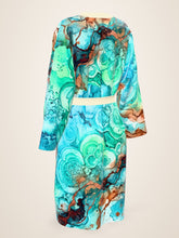 Load image into Gallery viewer, Ocean Muse silk peignoir, classic style with ivory trim, three-quarter back view