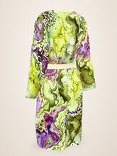 Load image into Gallery viewer, Sunken Atlantis silk peignoir, classic style with ivory trim, three-quarter back view