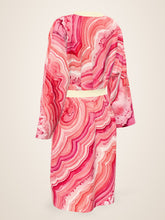 Load image into Gallery viewer, Blush Hollow silk peignoir, classic style with ivory trim, three-quarter back view
