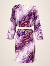 Load image into Gallery viewer, Purple Heartstone silk peignoir, classic style with ivory trim, back view with no outside logo