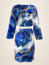 Load image into Gallery viewer, Royal Lapis silk peignoir, classic style with ivory trim, back view with no outside logo