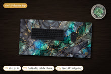 Load image into Gallery viewer, Northern Lights Grotto Ink & Ore Desk Mat, 16 x 32 in, on a dark desk