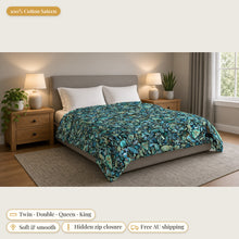 Load image into Gallery viewer, Majestical Blue Turquoise cotton sateen duvet cover on a bed: 100% cotton sateen, twin, double, queen and king sizes, soft and smooth, hidden zip closure, free Australian shipping