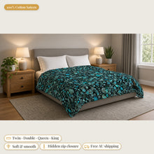 Load image into Gallery viewer, Majestical Chrysocolla cotton sateen duvet cover on a bed: 100% cotton sateen, twin, double, queen and king sizes, soft and smooth, hidden zip closure, free Australian shipping