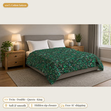 Load image into Gallery viewer, Majestical Emerald cotton sateen duvet cover on a bed: 100% cotton sateen, twin, double, queen and king sizes, soft and smooth, hidden zip closure, free Australian shipping