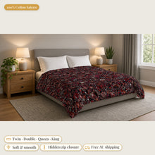 Load image into Gallery viewer, Majestical Garnet cotton sateen duvet cover on a bed: 100% cotton sateen, twin, double, queen and king sizes, soft and smooth, hidden zip closure, free Australian shipping