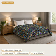 Load image into Gallery viewer, Majestical Labradorite cotton sateen duvet cover on a bed: 100% cotton sateen, twin, double, queen and king sizes, soft and smooth, hidden zip closure, free Australian shipping