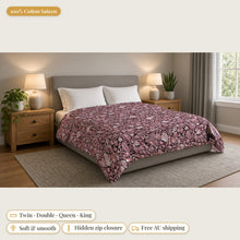 Load image into Gallery viewer, Majestical Rose Quartz cotton sateen duvet cover on a bed: 100% cotton sateen, twin, double, queen and king sizes, soft and smooth, hidden zip closure, free Australian shipping
