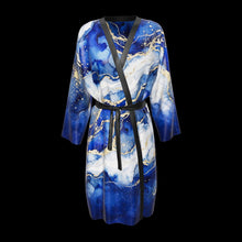 Load 3D model into Gallery viewer, Royal Lapis silk peignoir, ombré cuff and hem style with black trim, 3D view. Drag to spin