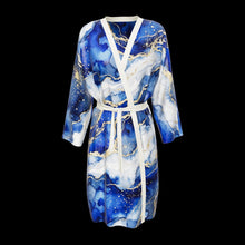 Load 3D model into Gallery viewer, Royal Lapis silk peignoir, classic style with ivory trim, 3D view. Drag to spin