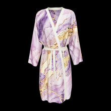 Load 3D model into Gallery viewer, Lilac Sanctum silk peignoir, classic style with ivory trim, 3D view. Drag to spin