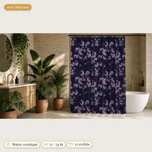 Load image into Gallery viewer, Majestical Amethyst crystal shower curtain in a bathroom: 100% polyester, water-resistant, 71 x 74 in, 12 eyelets