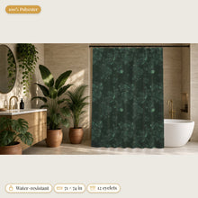 Load image into Gallery viewer, Majestical Moldavite crystal shower curtain in a bathroom: 100% polyester, water-resistant, 71 x 74 in, 12 eyelets
