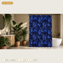 Load image into Gallery viewer, Majestical Sapphire crystal shower curtain in a bathroom: 100% polyester, water-resistant, 71 x 74 in, 12 eyelets