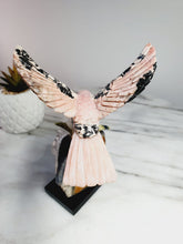 Load image into Gallery viewer, Peruvian Rhodonite Hummingbird on Quartz Cluster Base On White Jade Flower with Serpentine Leaves