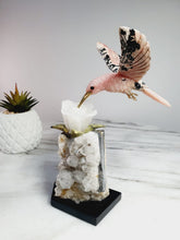 Load image into Gallery viewer, Peruvian Rhodonite Hummingbird on Quartz Cluster Base On White Jade Flower with Serpentine Leaves