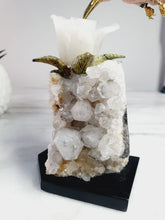 Load image into Gallery viewer, Peruvian Rhodonite Hummingbird on Quartz Cluster Base On White Jade Flower with Serpentine Leaves
