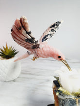 Load image into Gallery viewer, Peruvian Rhodonite Hummingbird on Quartz Cluster Base On White Jade Flower with Serpentine Leaves
