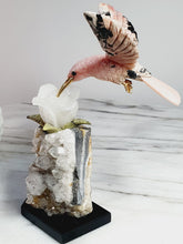Load image into Gallery viewer, Peruvian Rhodonite Hummingbird on Quartz Cluster Base On White Jade Flower with Serpentine Leaves