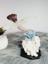 Load image into Gallery viewer, Peruvian Hand Carved Rose Quartz/ Blue Opal/ Mookaite Hummingbird on Angelite/ Turquoise Flower Stilbite Base