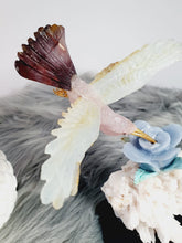 Load image into Gallery viewer, Peruvian Hand Carved Rose Quartz/ Blue Opal/ Mookaite Hummingbird on Angelite/ Turquoise Flower Stilbite Base