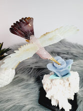 Load image into Gallery viewer, Peruvian Hand Carved Rose Quartz/ Blue Opal/ Mookaite Hummingbird on Angelite/ Turquoise Flower Stilbite Base