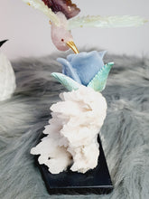 Load image into Gallery viewer, Peruvian Hand Carved Rose Quartz/ Blue Opal/ Mookaite Hummingbird on Angelite/ Turquoise Flower Stilbite Base